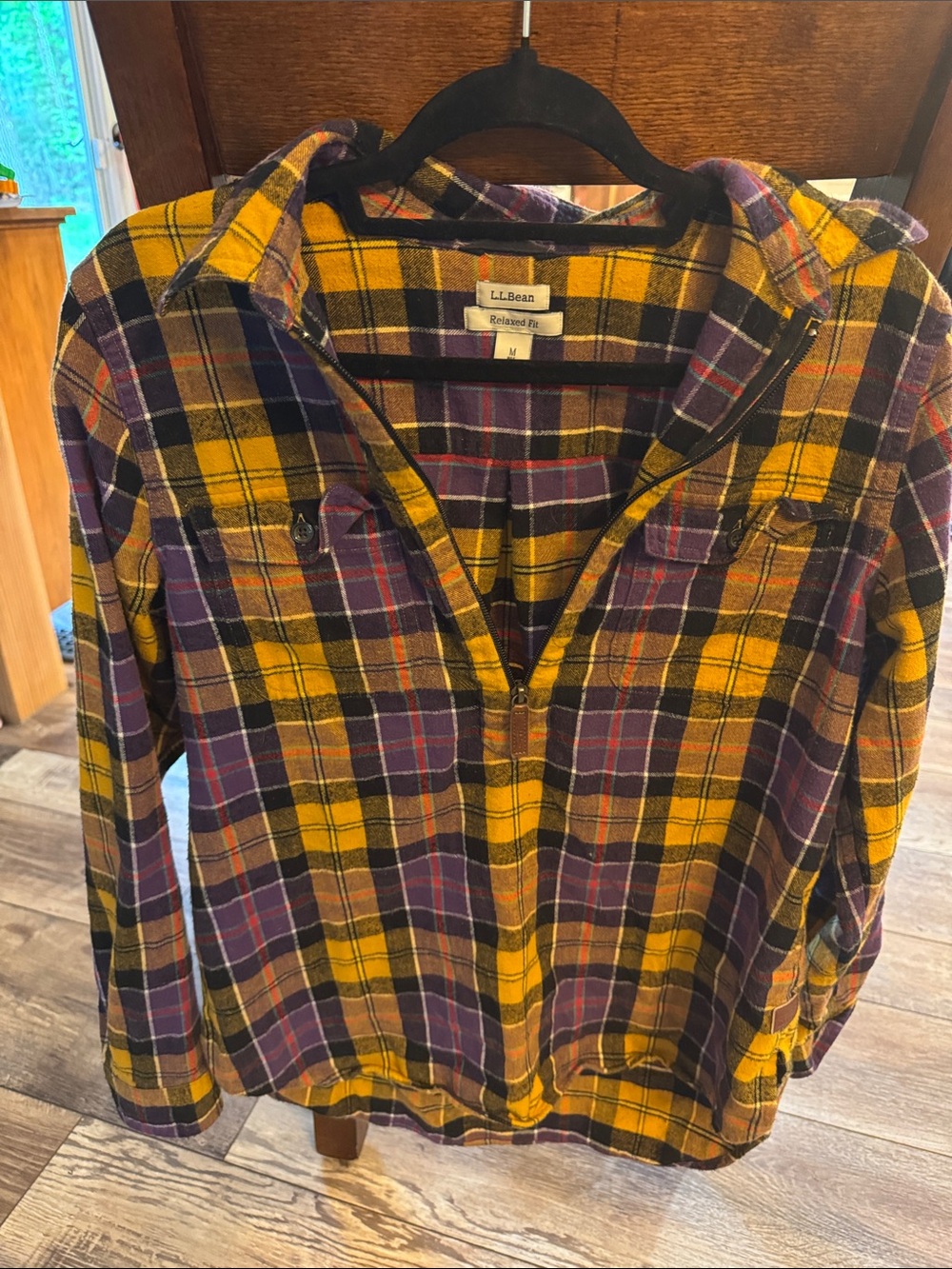 L.L. Bean Yellow and Purple Plaid Zip-Up Flannel Jacket